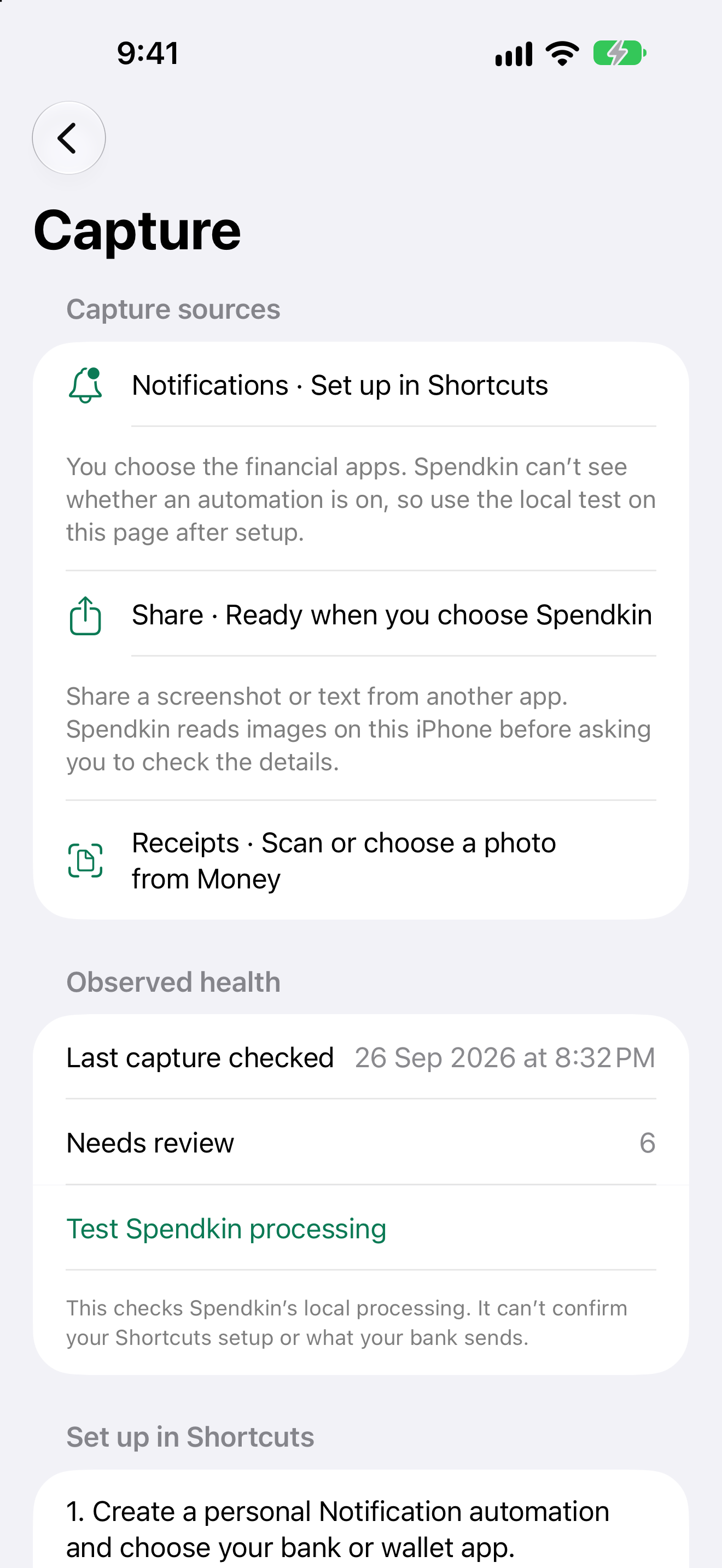 Spendkin Capture Setup in light mode, showing user-controlled sources and local test status