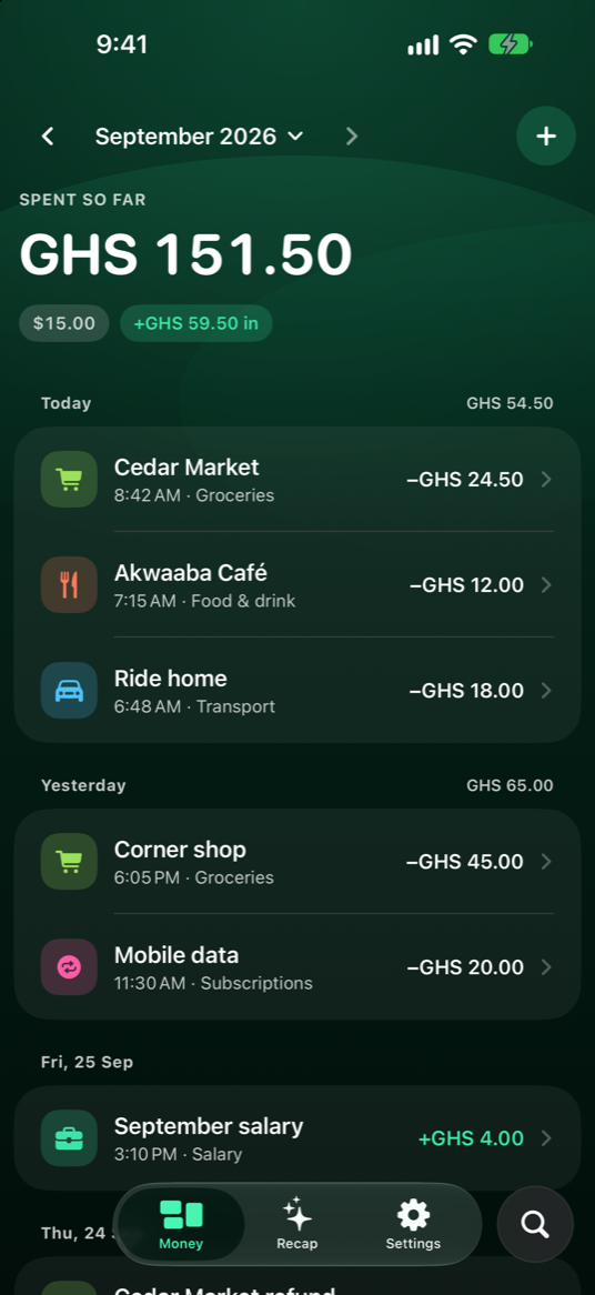 Spendkin Money history on iPhone, shown with sample transactions