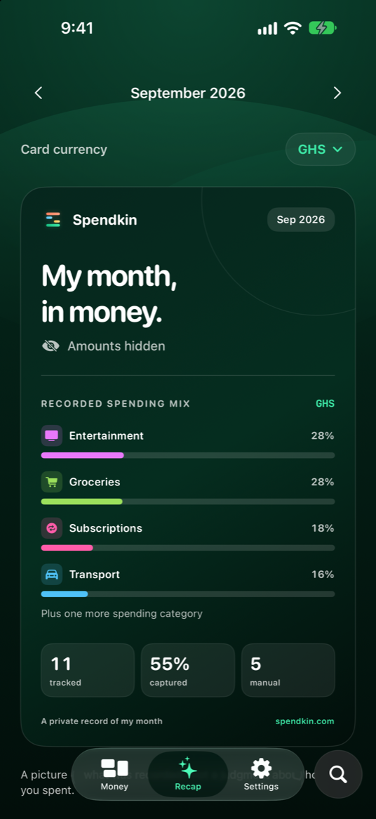 Spendkin monthly Recap with amounts hidden