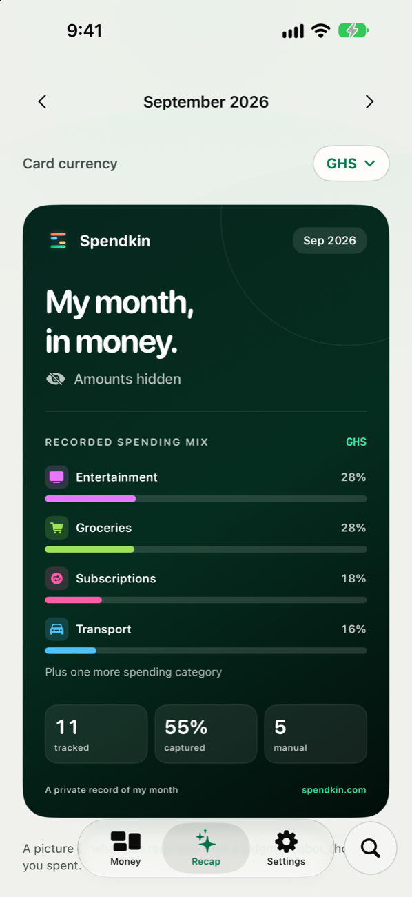 Spendkin monthly Recap in light mode on iPhone, shown with sample data