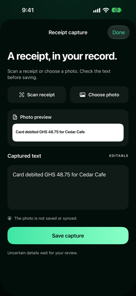 Spendkin receipt capture with photo preview and editable OCR text