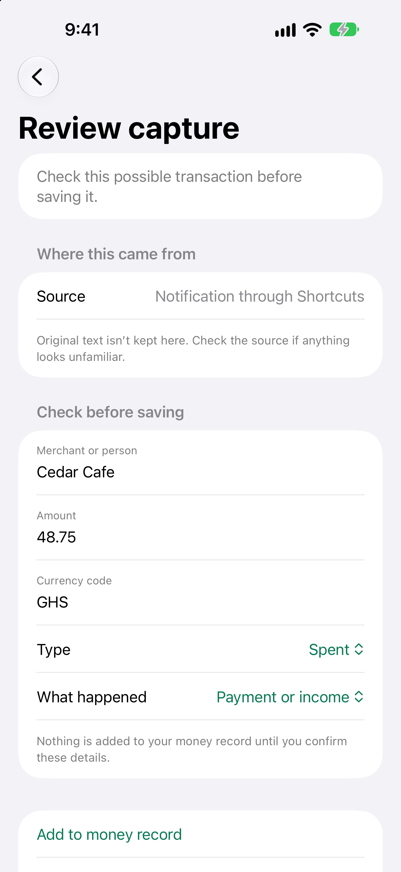 Spendkin Review in light mode, asking the user to check an uncertain sample capture before saving